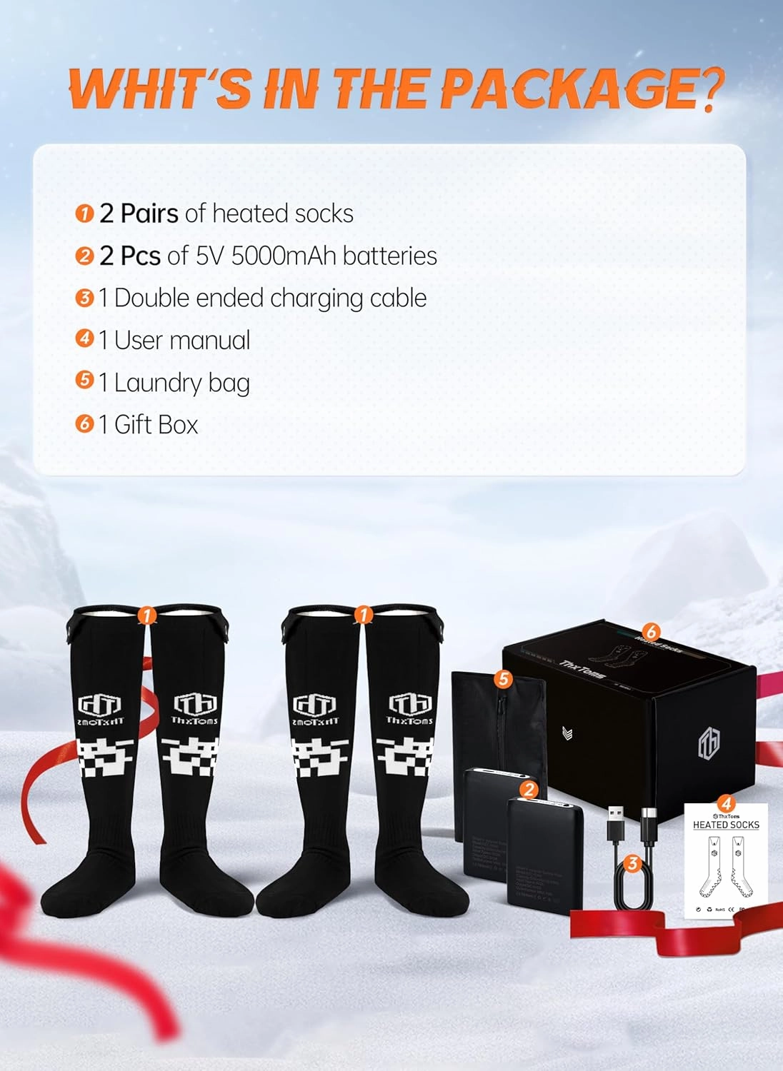 ThxToms Electric Heated Socks for Men Women, 5000mAh Rechargeable Battery With APP Control, Upgraded Warming Winter Socks for Riding Hunting Hiking Skiing, 2 Pairs