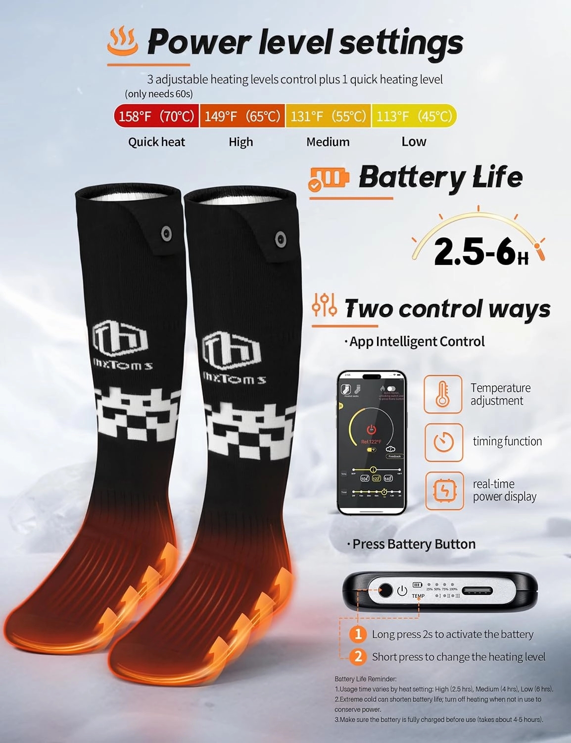 ThxToms Electric Heated Socks for Men Women, 5000mAh Rechargeable Battery With APP Control, Upgraded Warming Winter Socks for Riding Hunting Hiking Skiing, 2 Pairs