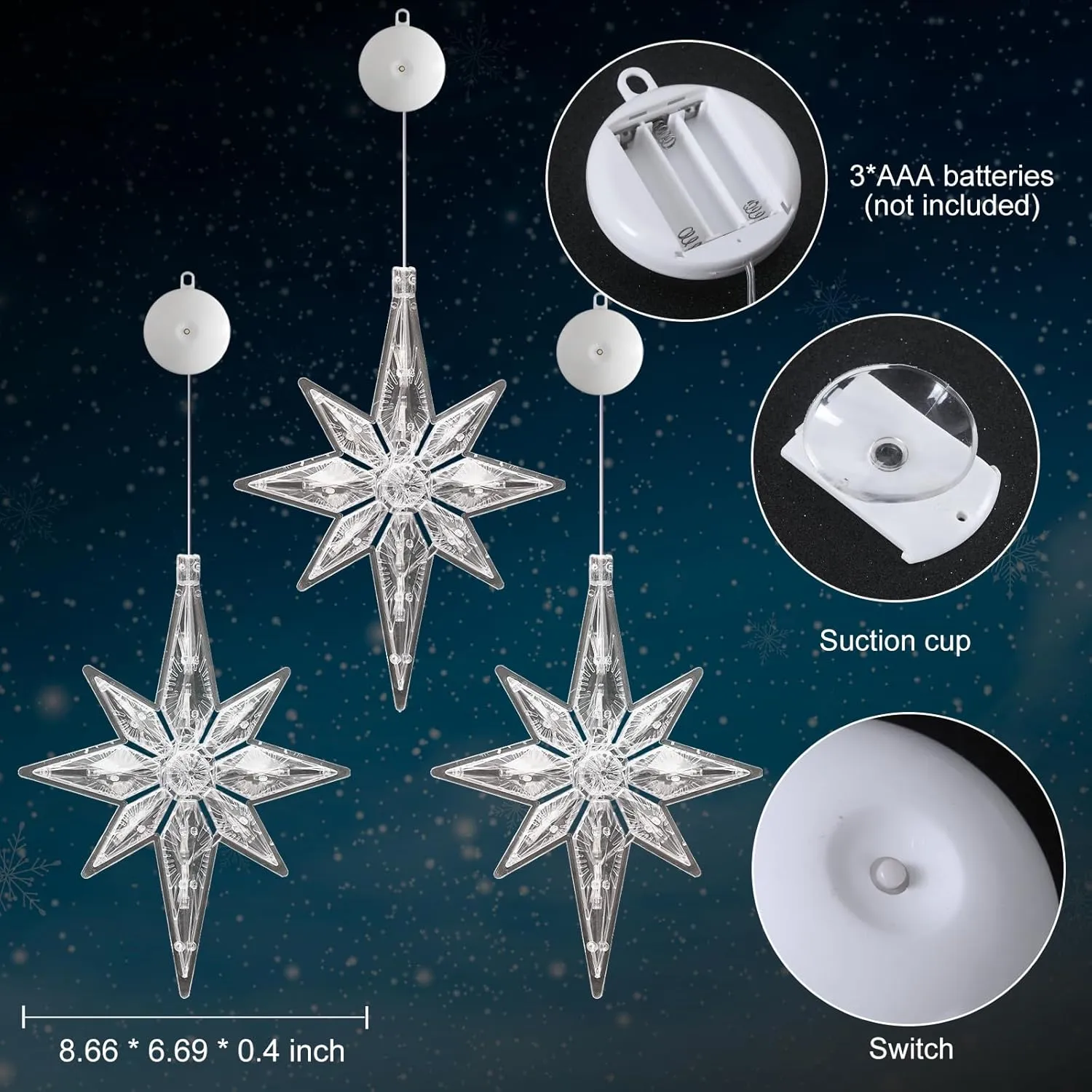 [Timer] 3Pcs Christmas Window Lights Decorations,Battery Powered Christmas Window Hanging White Lighted Lucky Star Shaped LED Sucker Lamp for Xmas Tree Fireplace Window Indoor Outdoor Decor