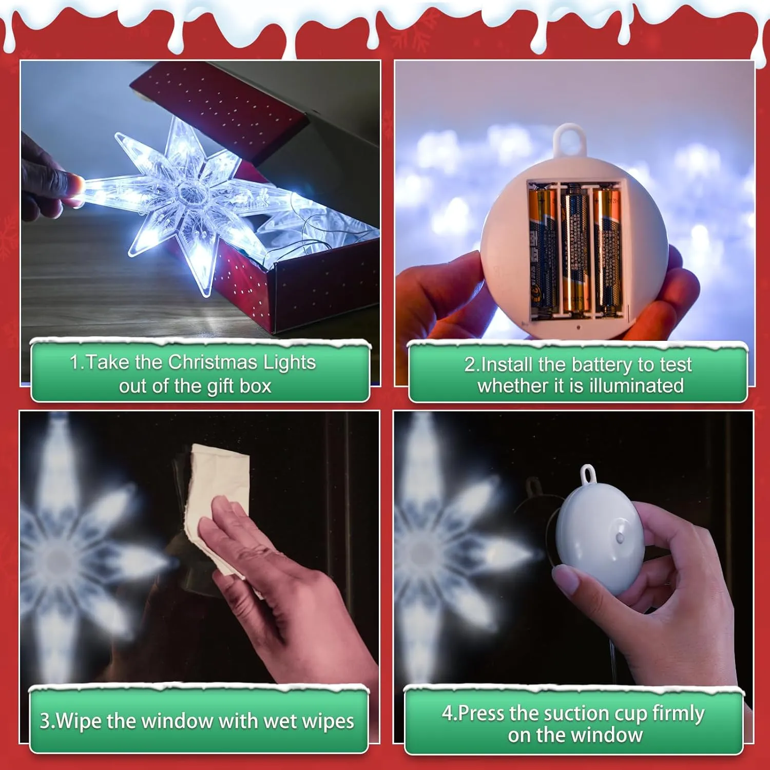 [Timer] 3Pcs Christmas Window Lights Decorations,Battery Powered Christmas Window Hanging White Lighted Lucky Star Shaped LED Sucker Lamp for Xmas Tree Fireplace Window Indoor Outdoor Decor