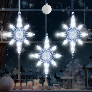 [Timer] 3Pcs Christmas Window Lights Decorations,Battery Powered Christmas Window Hanging White Lighted Lucky Star Shaped LED Sucker Lamp for Xmas Tree Fireplace Window Indoor Outdoor Decor