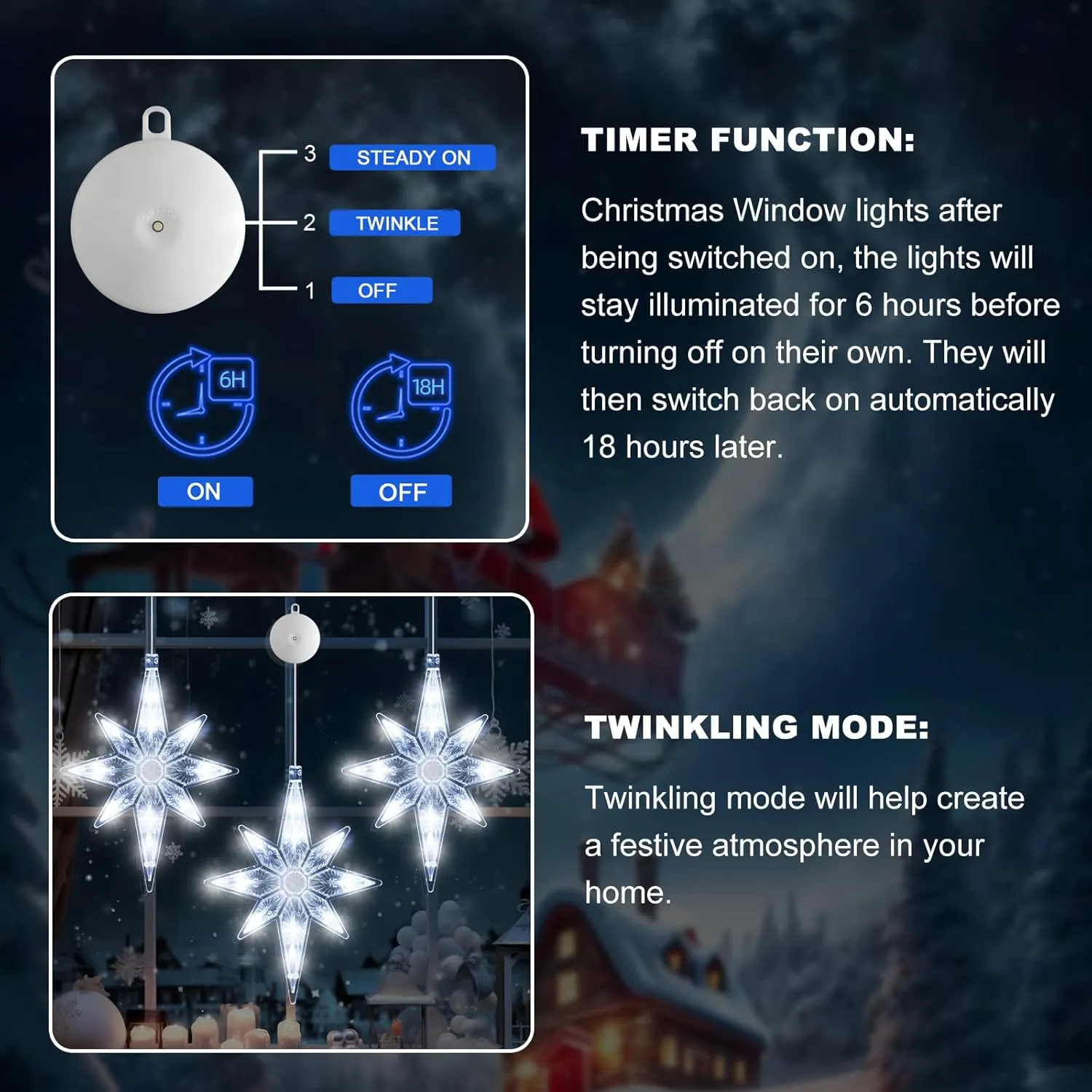 [Timer] 3Pcs Christmas Window Lights Decorations,Battery Powered Christmas Window Hanging White Lighted Lucky Star Shaped LED Sucker Lamp for Xmas Tree Fireplace Window Indoor Outdoor Decor