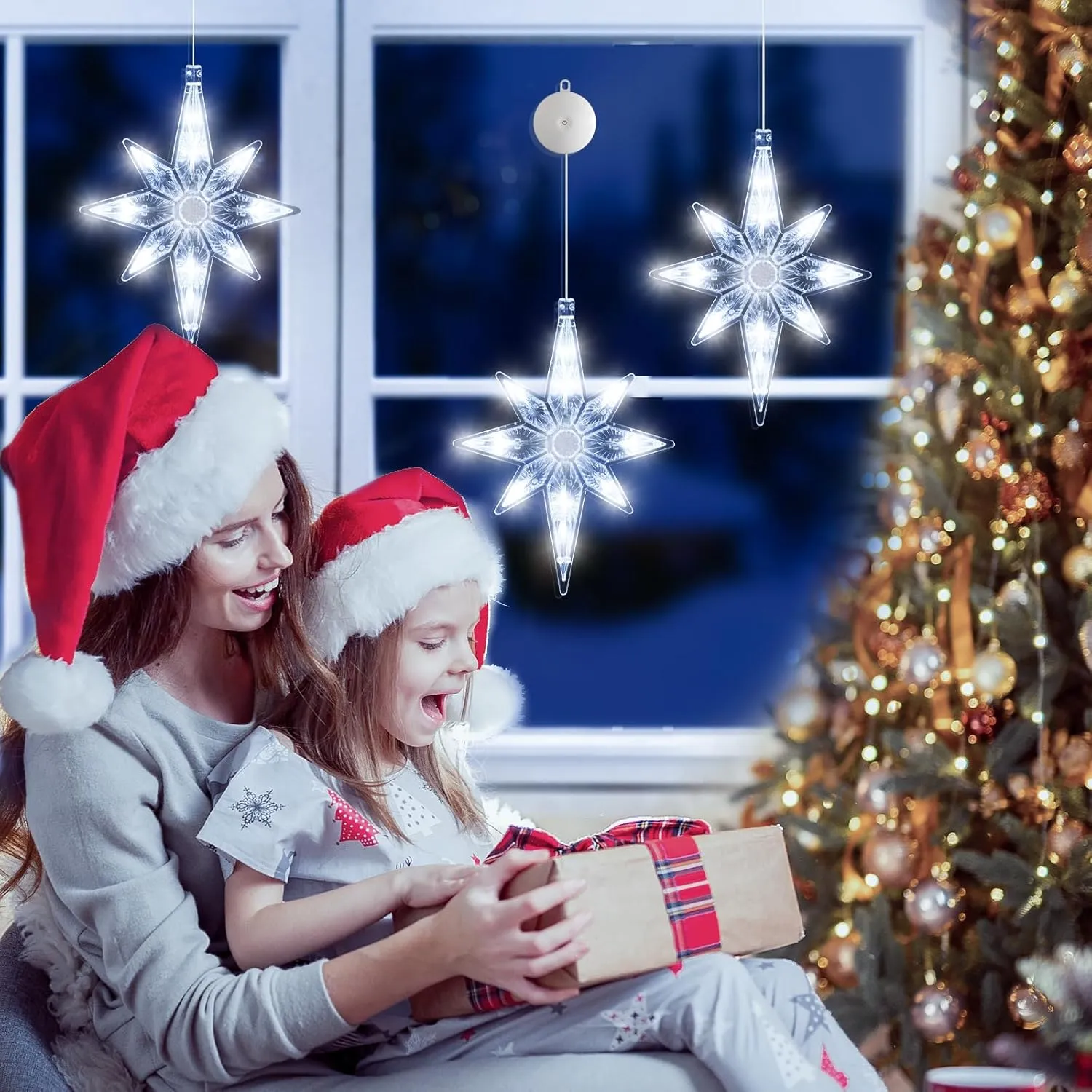 [Timer] 3Pcs Christmas Window Lights Decorations,Battery Powered Christmas Window Hanging White Lighted Lucky Star Shaped LED Sucker Lamp for Xmas Tree Fireplace Window Indoor Outdoor Decor
