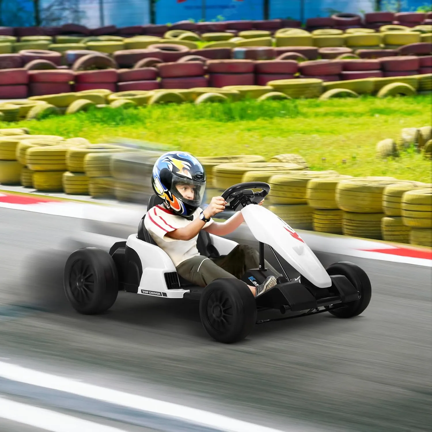 TOBBI 24V Electric Drifting Go Kart for Kids, Electric Ride On Toy w/85 * 2 Motors, 8mph Max Speed, Safety Belt, Music, Horn, USB, Battery Powered Ride On Cars for Kids Ages 4-16 Years (White)