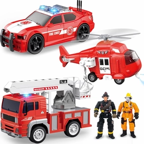 Toddler Fire Truck Toys Sets for 3 Year Old Kids - Fire Engine, Fire Police Car, Fire Helicopter, Firefighter with Light&Sound, Christmas Birthday Gifts for Kids Boys Girls