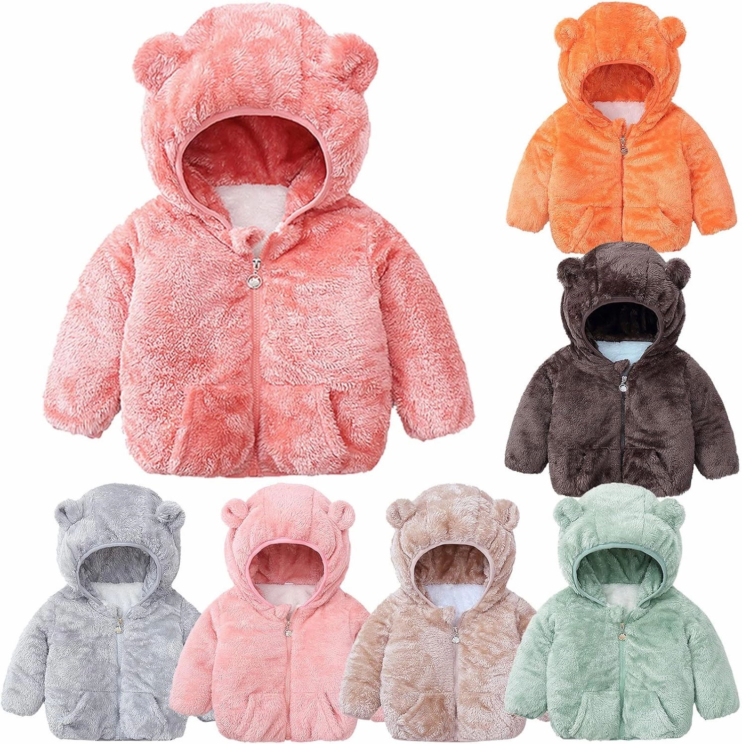 Toddler Girls Boys Fleece Hoodie Jacket Zip Up Teddy Coat Warm Winter Solid Color Sherpa Outwear With Pocket