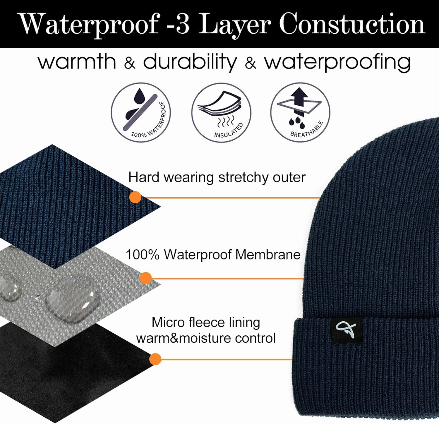 TOP-EX Oversized L/XL/XXL Waterproof Beanie Fleece Lined Hat for All-Weather Winter Warm Men Women Unisex