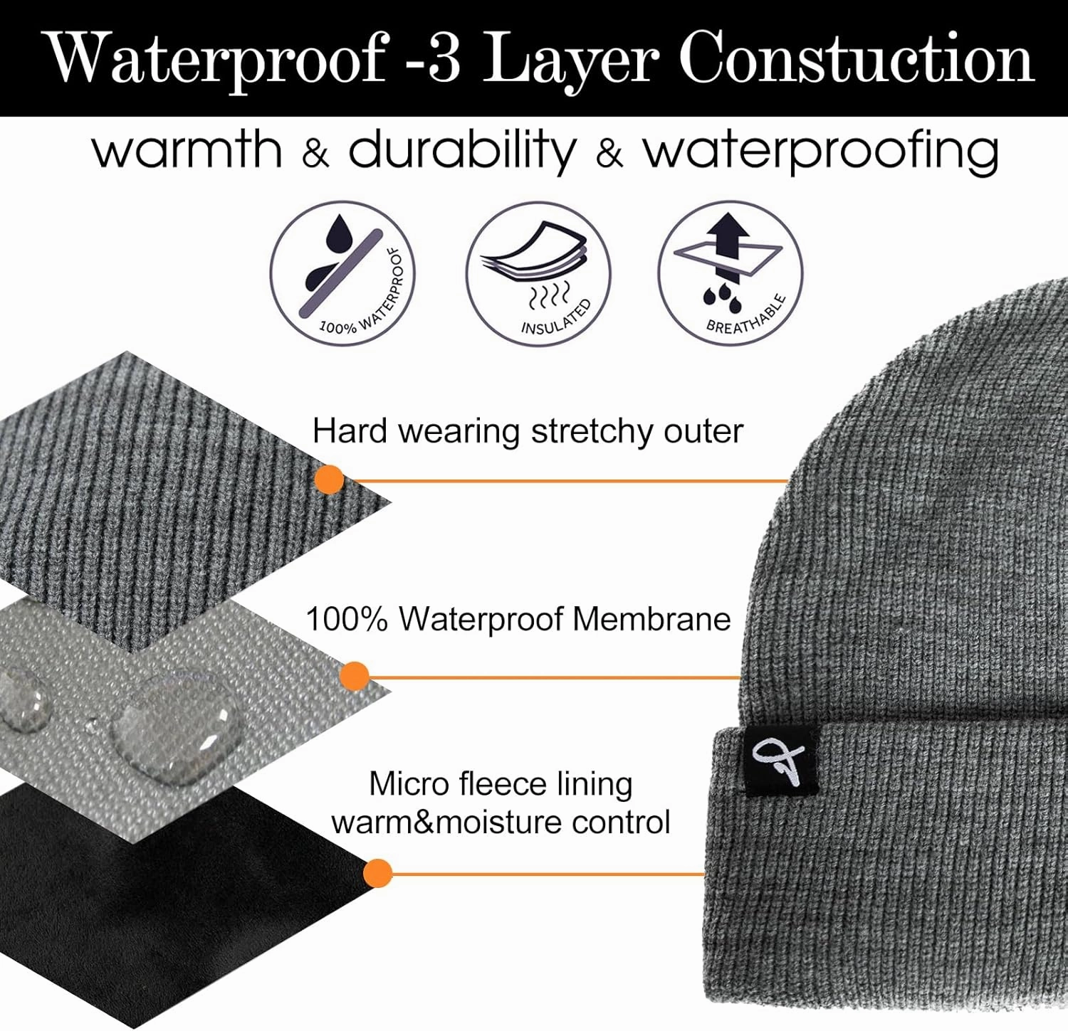 TOP-EX Oversized L/XL/XXL Waterproof Beanie Fleece Lined Hat for All-Weather Winter Warm Men Women Unisex
