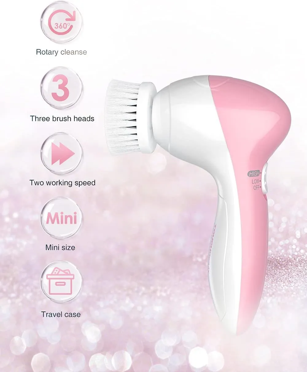 TOUCHBeauty Face Scrubber Exfoliator, Facial Cleansing Brush with 3 Cleanser Heads & 2 Speeds Adjustable for Skin Care Wash,Deep Cleaning,Face Spa System,Battery Powered