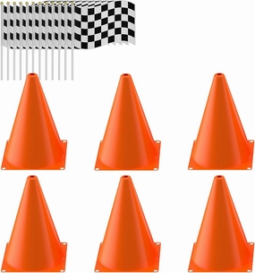 Traffic Cones with Racing Checkered Flags-8 Traffic Cones With Hole on Top, 16 Checkered Flags, Race Car Birthday Party Supplies, Table Centerpiece Decorations, Kids Gift (18PCS)