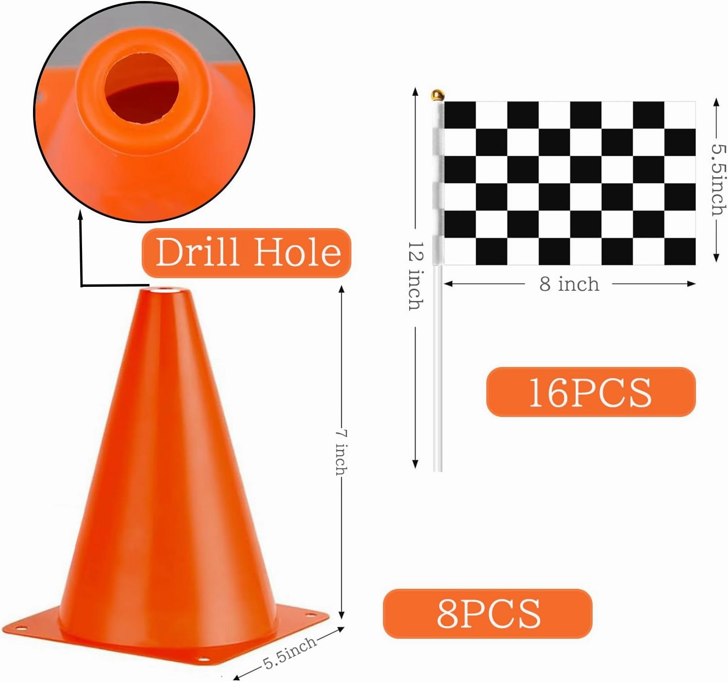 Traffic Cones with Racing Checkered Flags-8 Traffic Cones With Hole on Top, 16 Checkered Flags, Race Car Birthday Party Supplies, Table Centerpiece Decorations, Kids Gift (18PCS)
