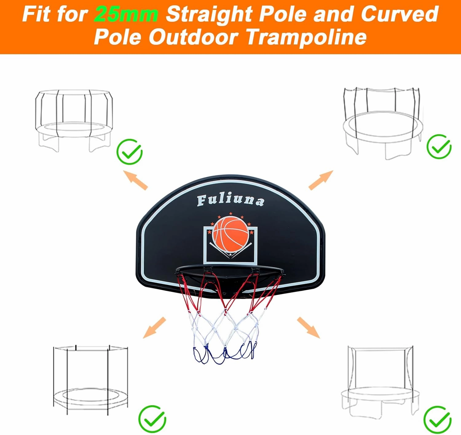 Trampoline Basketball Hoop - Easy to Install with Mini Ball and Pump, Fit for 25mm Straight & Curved Pole Trampolines