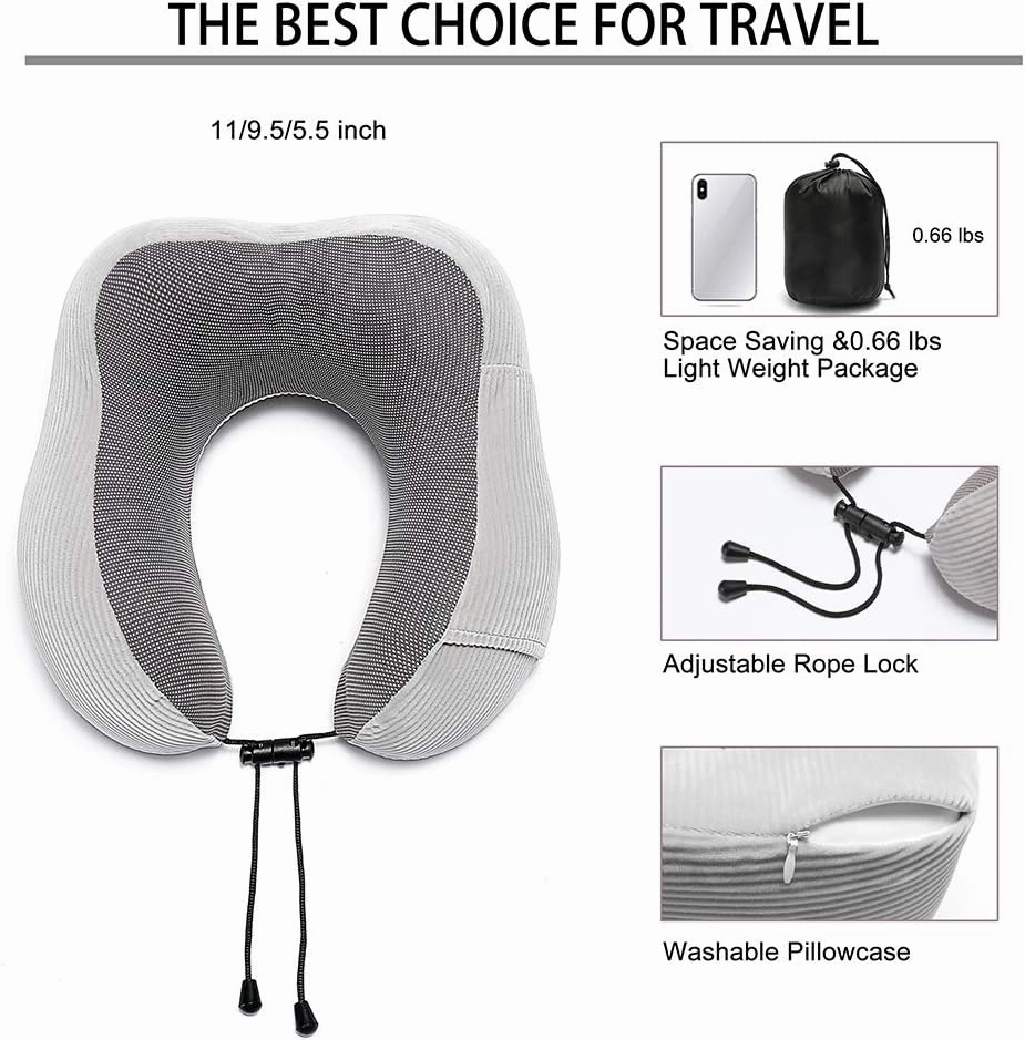 Travel Pillow, Memory Foam Neck Pillow with 360-Degree Head Support Comfortable Airplane Pillow with Storage Bag Lightweight Traveling Pillow for Sleeping, Car, Train, Bus and Home Use(Gray)