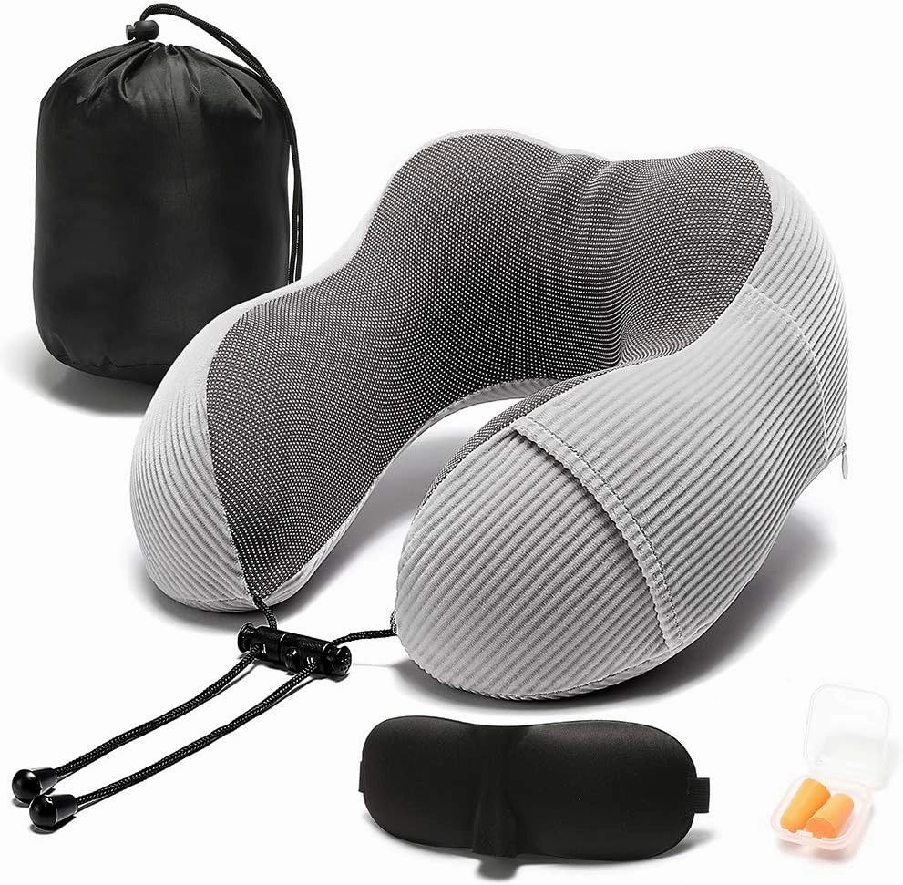 Travel Pillow, Memory Foam Neck Pillow with 360-Degree Head Support Comfortable Airplane Pillow with Storage Bag Lightweight Traveling Pillow for Sleeping, Car, Train, Bus and Home Use(Gray)