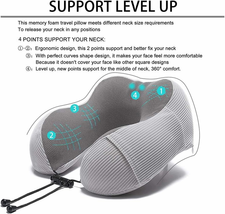 Travel Pillow, Memory Foam Neck Pillow with 360-Degree Head Support Comfortable Airplane Pillow with Storage Bag Lightweight Traveling Pillow for Sleeping, Car, Train, Bus and Home Use(Gray)