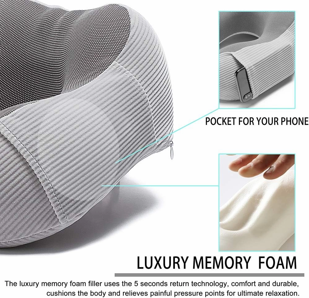 Travel Pillow, Memory Foam Neck Pillow with 360-Degree Head Support Comfortable Airplane Pillow with Storage Bag Lightweight Traveling Pillow for Sleeping, Car, Train, Bus and Home Use(Gray)