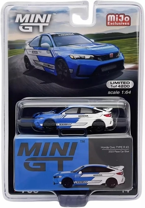 True Scale Miniatures Model Car Compatible with Honda Civic Type R #3 2023 Pace Car Blue 1/64 Diecast Model Car Mini GT MGT00753