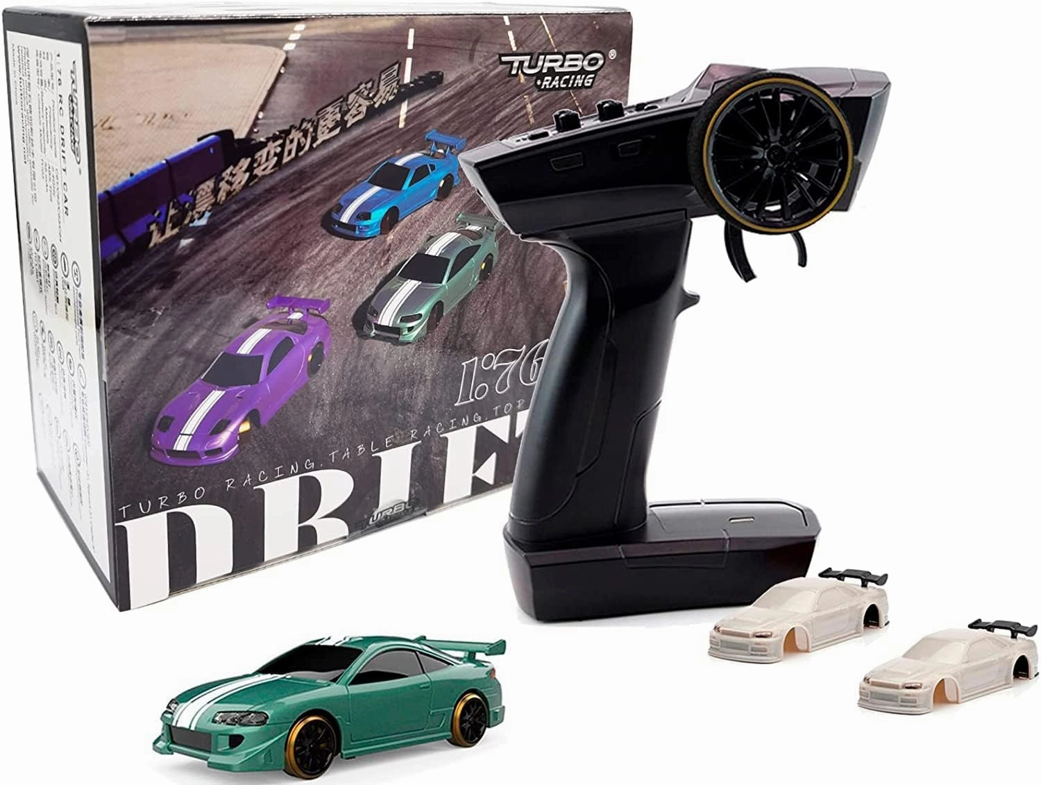 Turbo Racing 1:76 Scale Drift RC Car with Gyro Mini Full Proportional RTR 2.4GHZ Remote Control with 2 Replaceable Body Shell (C62 Cyan-Drift)