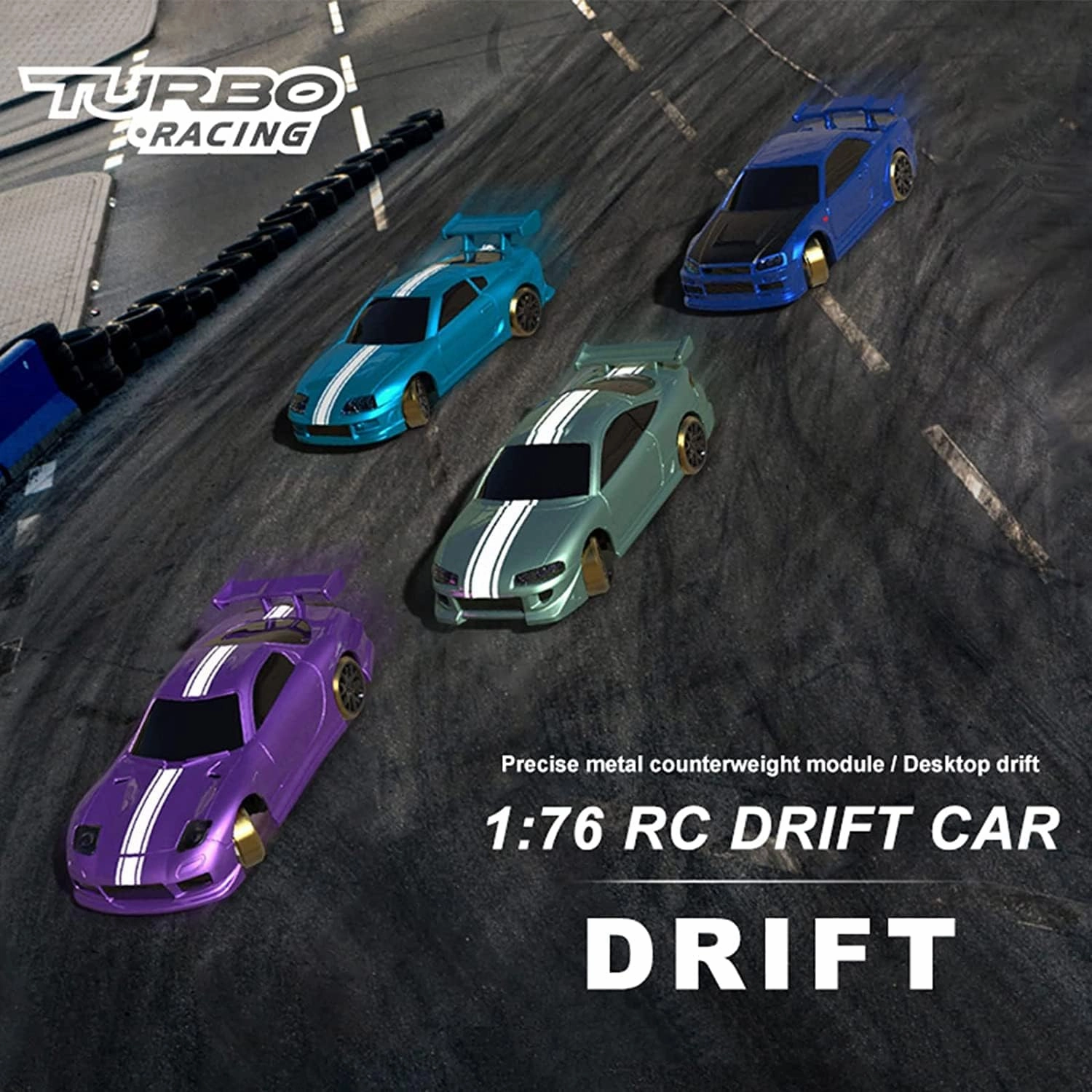 Turbo Racing 1:76 Scale Drift RC Car with Gyro Mini Full Proportional RTR 2.4GHZ Remote Control with 2 Replaceable Body Shell (C62 Cyan-Drift)