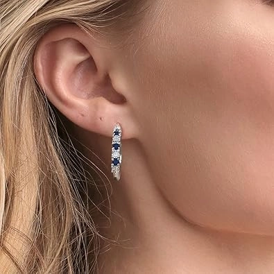 Twinkle Tinsel-0.83 CT Round Cut Blue Sapphire and White Diamond Hoop Earrings For women's 14k White Gold Finish 925 Sterling silver