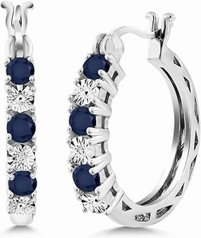 Twinkle Tinsel-0.83 CT Round Cut Blue Sapphire and White Diamond Hoop Earrings For women's 14k White Gold Finish 925 Sterling silver