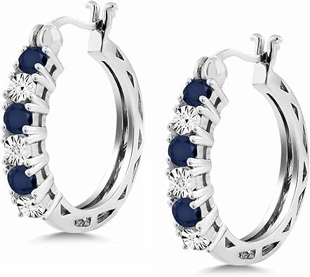 Twinkle Tinsel-0.83 CT Round Cut Blue Sapphire and White Diamond Hoop Earrings For women's 14k White Gold Finish 925 Sterling silver