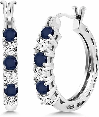 Twinkle Tinsel-0.83 CT Round Cut Blue Sapphire and White Diamond Hoop Earrings For women's 14k White Gold Finish 925 Sterling silver