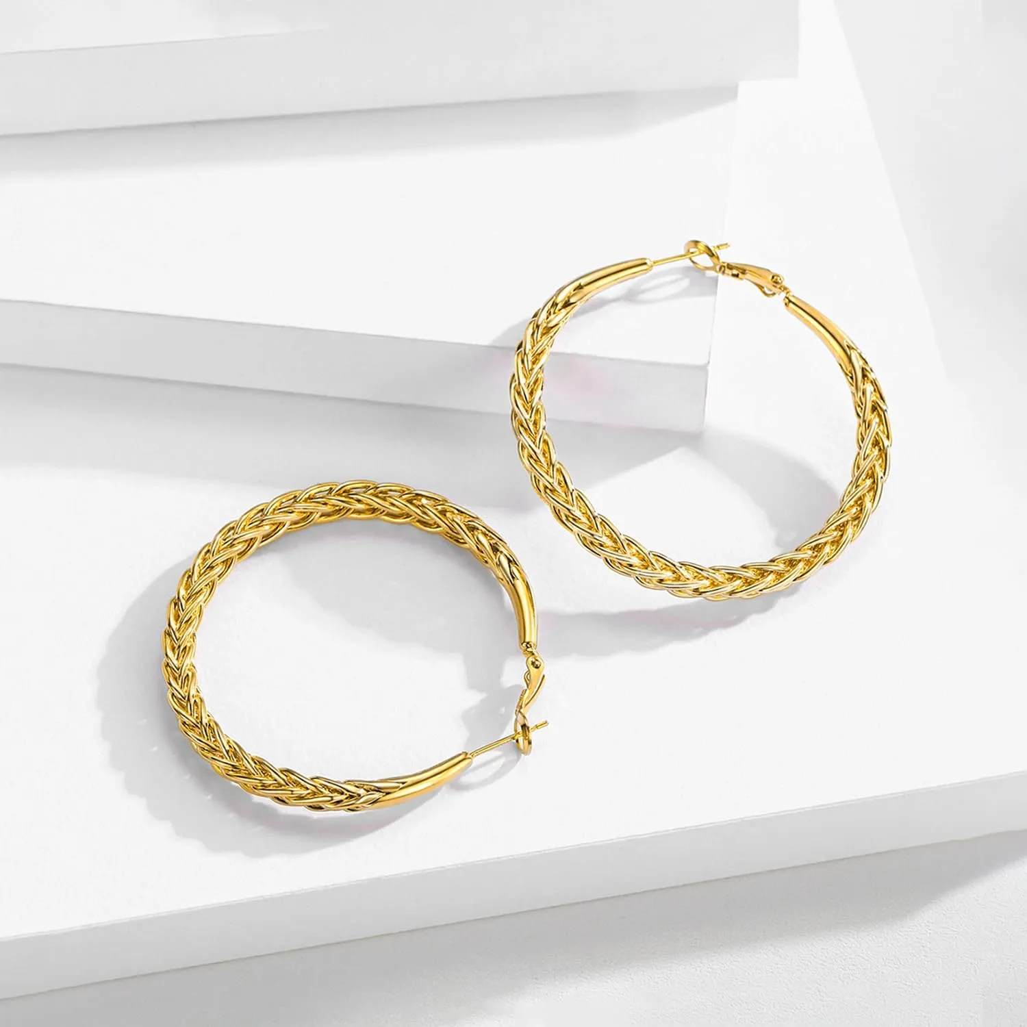 Twisted Hooop Earrings for Women - 14k Gold Plated with 925 Sterling Silver Post Lightweight&Hypoallergenic Large Thick Hoop Earrings Jewelry for Women