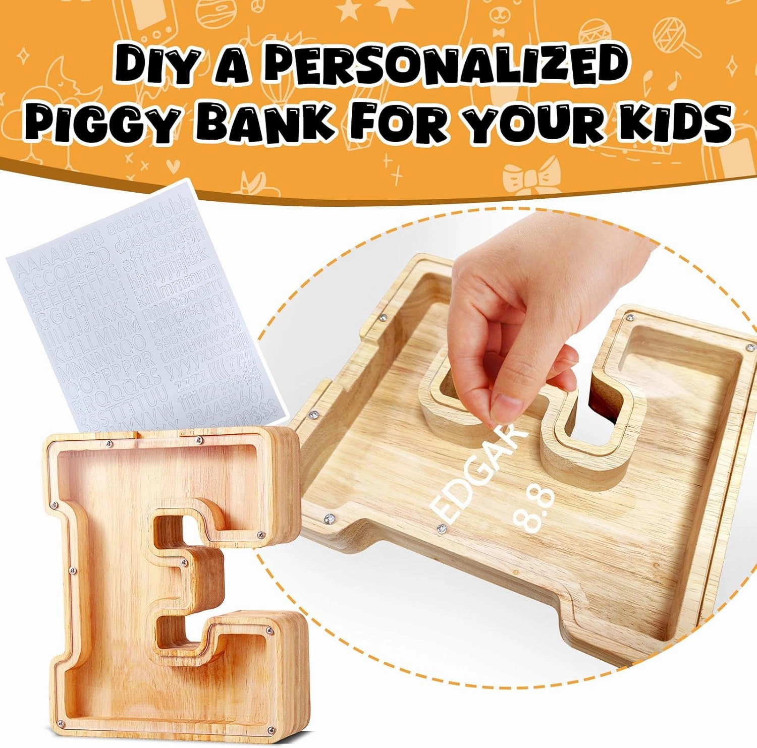 UBeesize Large Piggy Banks Twenty-Six English Alphabet Letter for Boys Girls, Wooden Personalized Bills and Coins Bank Money Box,DIY Name Birthday Gift,Bedroom Living Room Decoration(N)