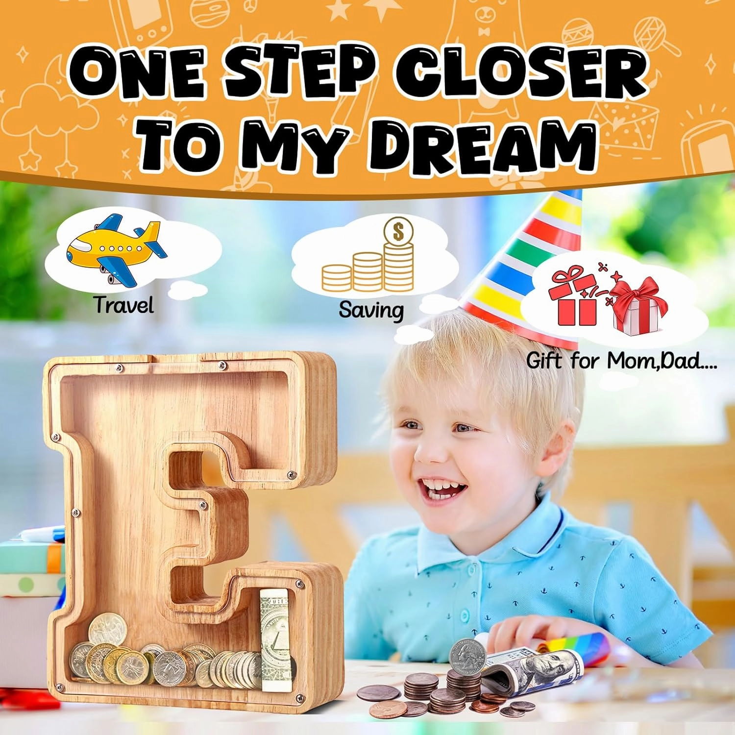 UBeesize Large Piggy Banks Twenty-Six English Alphabet Letter for Boys Girls, Wooden Personalized Bills and Coins Bank Money Box,DIY Name Birthday Gift,Bedroom Living Room Decoration(N)