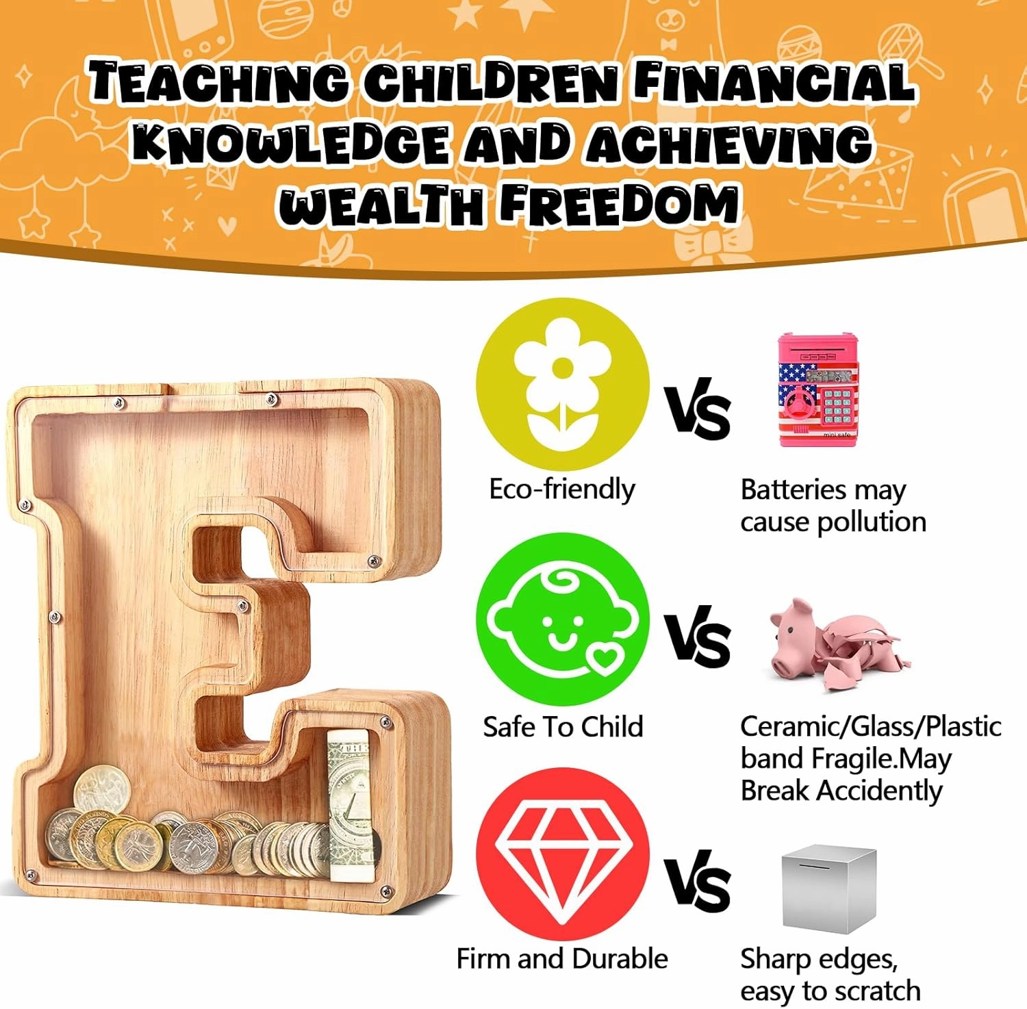 UBeesize Large Piggy Banks Twenty-Six English Alphabet Letter for Boys Girls, Wooden Personalized Bills and Coins Bank Money Box,DIY Name Birthday Gift,Bedroom Living Room Decoration(N)