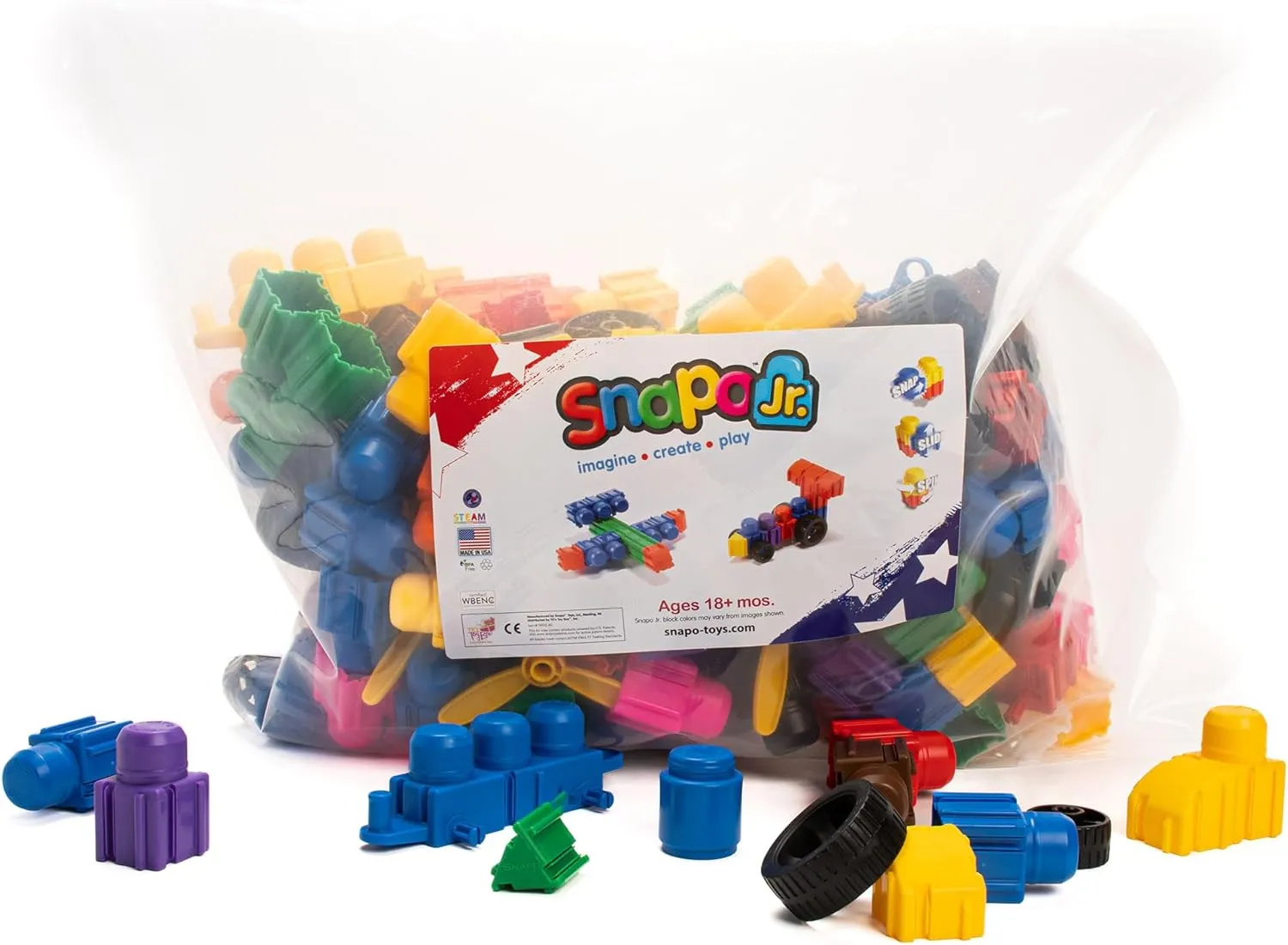 Ultimate Builder's Kit - 250 pcs - Colorful Blocks & Wheels, Connect On All 6 Sides, Build 3D-Slide-Rotate, STEM Toy, Toddler Kids Age 18mo 
