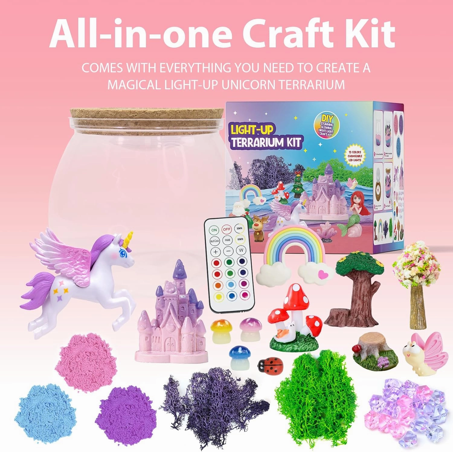 Unicorn Light-Up Terrarium Kit for Kids - LED Night Light Birthday Gift for Girls Ages 4-12 - DIY Arts and Crafts Kit