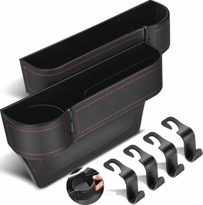 Upgrade 2 Pack Car Seat Gap Filler Organizer with Adjustable Cup Holder, Universal Leather Car Gap Filler Organizer with Cable Hole, Seat Gap Filler Organizer with Hooks, for Phone/Glasses