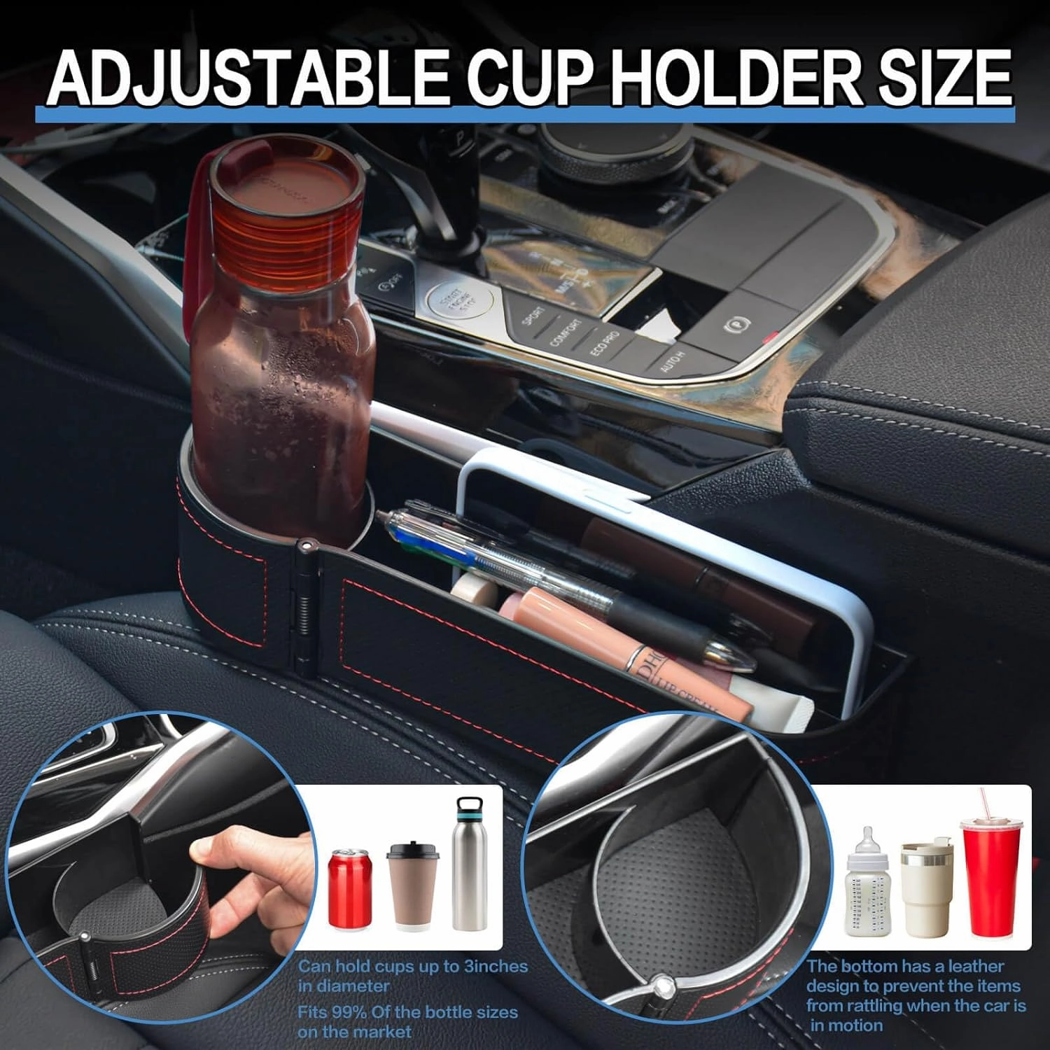 Upgrade 2 Pack Car Seat Gap Filler Organizer with Adjustable Cup Holder, Universal Leather Car Gap Filler Organizer with Cable Hole, Seat Gap Filler Organizer with Hooks, for Phone/Glasses