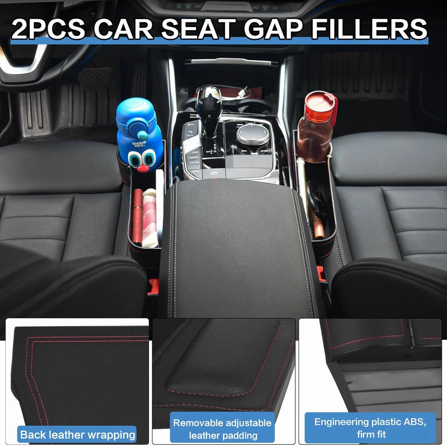 Upgrade 2 Pack Car Seat Gap Filler Organizer with Adjustable Cup Holder, Universal Leather Car Gap Filler Organizer with Cable Hole, Seat Gap Filler Organizer with Hooks, for Phone/Glasses