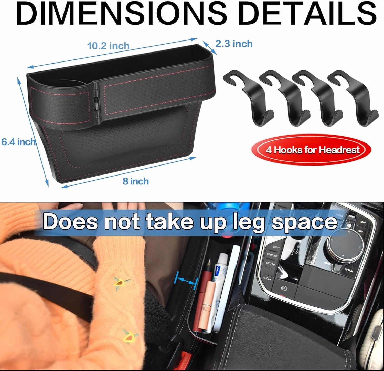 Upgrade 2 Pack Car Seat Gap Filler Organizer with Adjustable Cup Holder, Universal Leather Car Gap Filler Organizer with Cable Hole, Seat Gap Filler Organizer with Hooks, for Phone/Glasses
