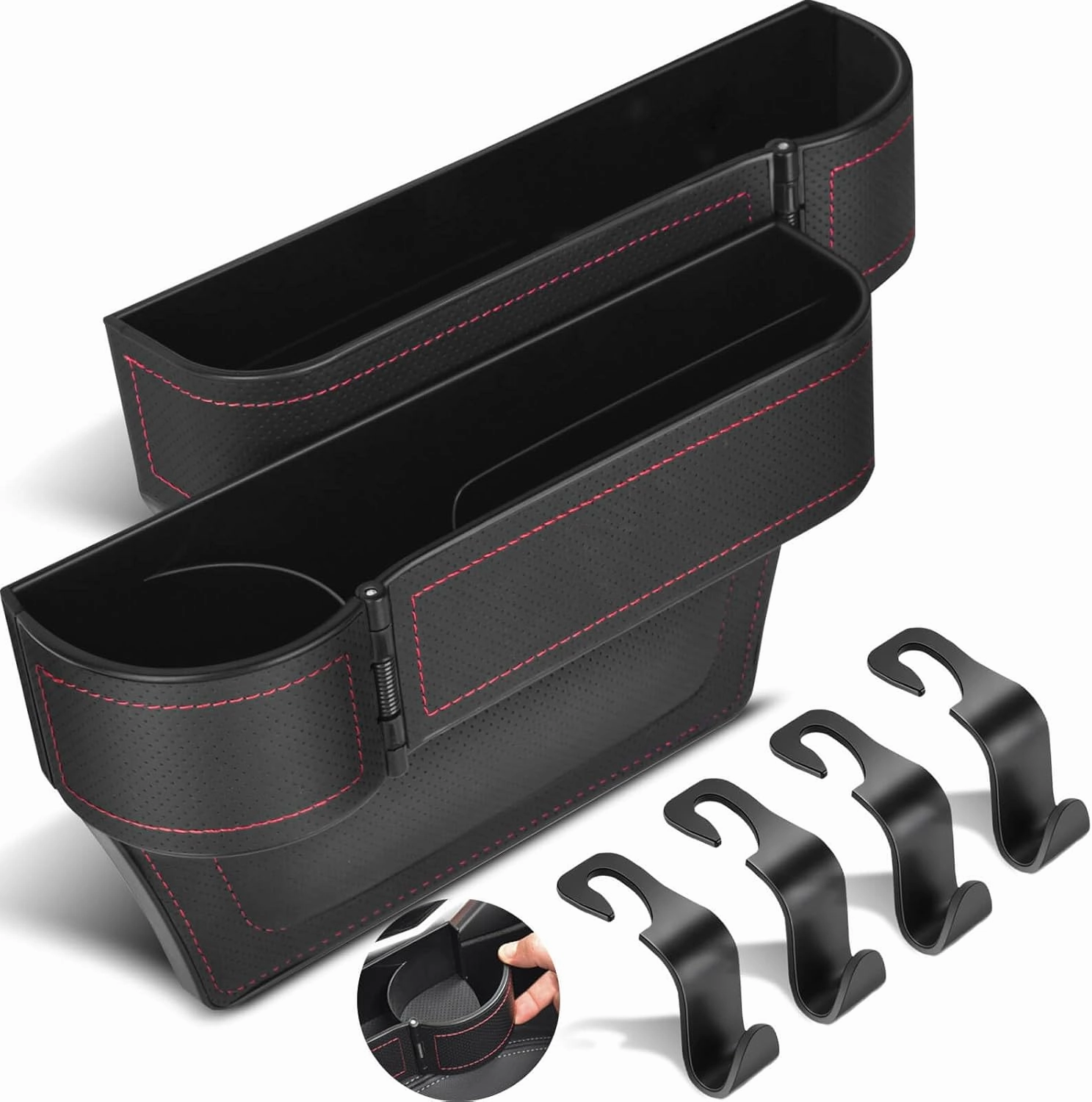 Upgrade 2 Pack Car Seat Gap Filler Organizer with Adjustable Cup Holder, Universal Leather Car Gap Filler Organizer with Cable Hole, Seat Gap Filler Organizer with Hooks, for Phone/Glasses