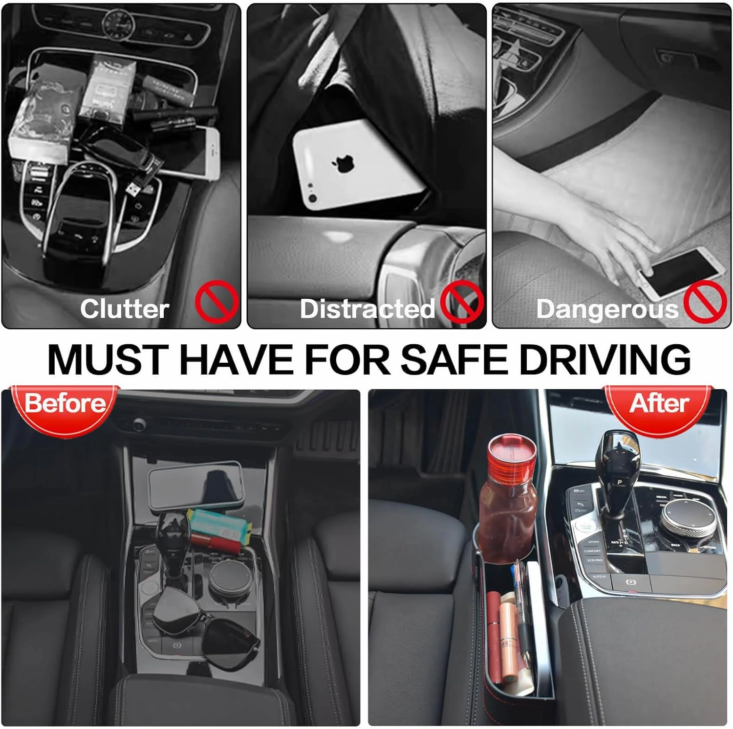 Upgrade 2 Pack Car Seat Gap Filler Organizer with Adjustable Cup Holder, Universal Leather Car Gap Filler Organizer with Cable Hole, Seat Gap Filler Organizer with Hooks, for Phone/Glasses