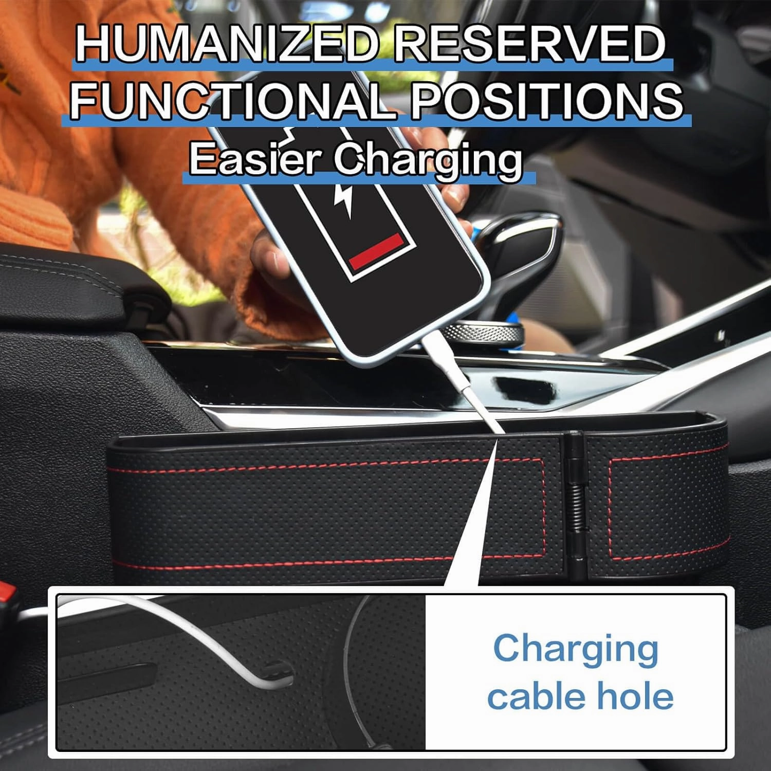 Upgrade 2 Pack Car Seat Gap Filler Organizer with Adjustable Cup Holder, Universal Leather Car Gap Filler Organizer with Cable Hole, Seat Gap Filler Organizer with Hooks, for Phone/Glasses