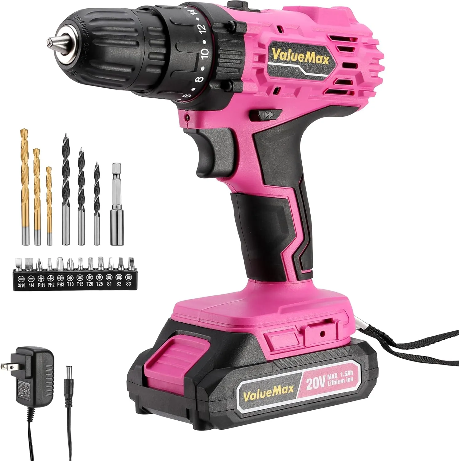 ValueMax Pink Cordless Drill Set, 20V Lithium-ion Power Drill Set with LED Light and Magnetic Holder, 3/8-Inch Keyless Chuck, 18 1 Torque Settings, Electric Cordless Drill Set with Battery and Charger