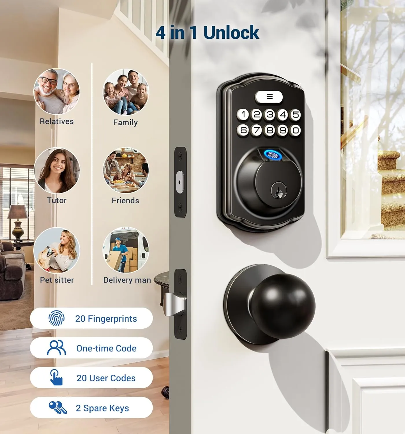 Veise Fingerprint Door Lock with 2 Knobs - Keyless Entry Door Lock with Handle, Electronic Keypad Deadbolt, Smart Front Handle Set, Auto-Locking, Waterproof, Easy Installation, Matte Black