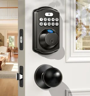 Veise Fingerprint Door Lock with 2 Knobs - Keyless Entry Door Lock with Handle, Electronic Keypad Deadbolt, Smart Front Handle Set, Auto-Locking, Waterproof, Easy Installation, Matte Black