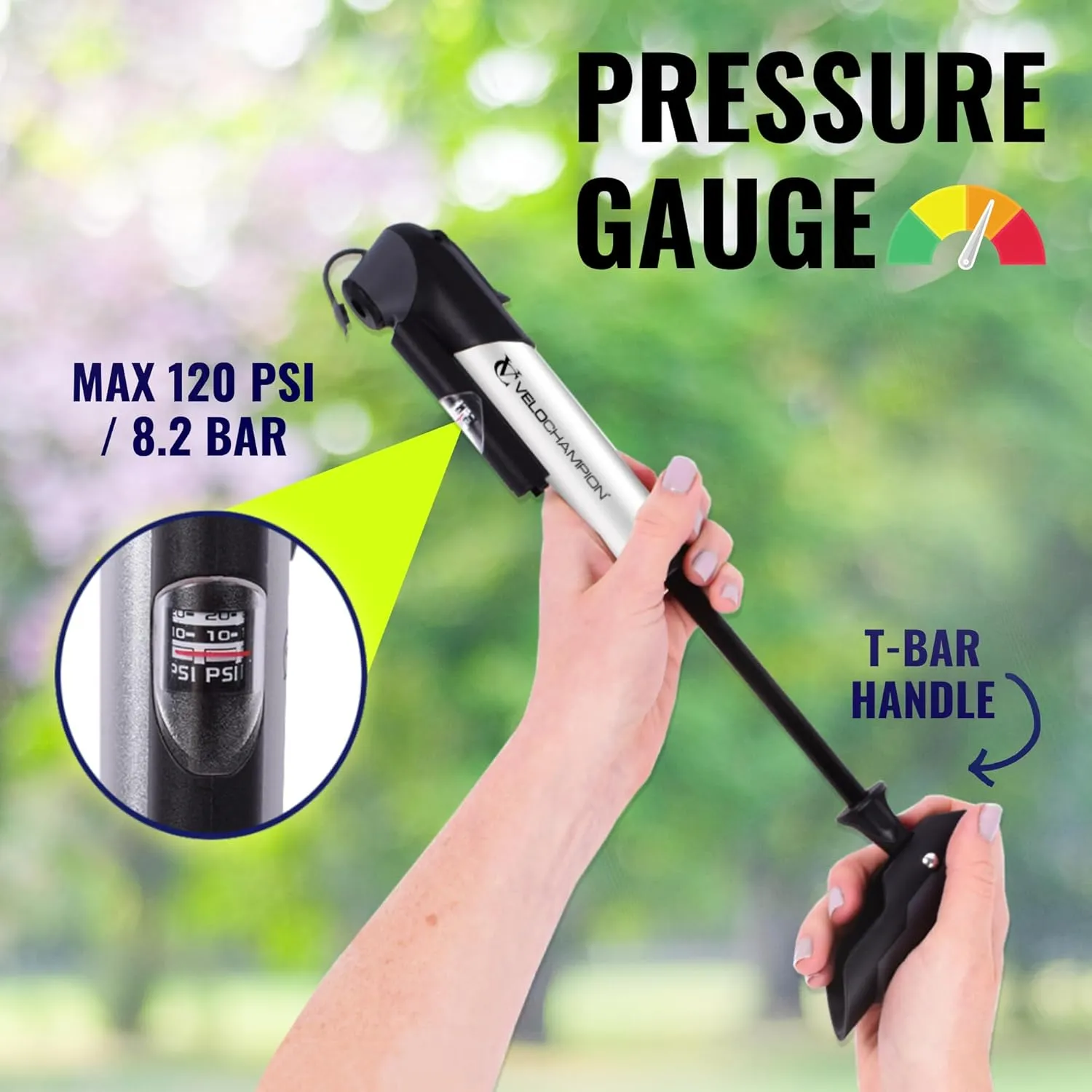 VeloChampion Alloy Mini Bike Pump Suitable for Presta, Schrader and Dunlop - Portable, Compact, Durable and Easy to Use