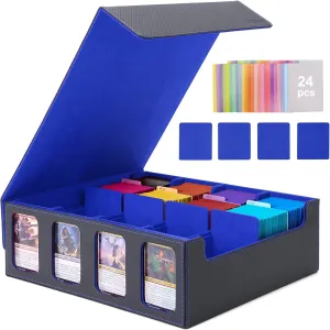 Venssu Card Storage Box for Trading Cards with Card Supporters, 3000  MTG Deck Box with 24 Colorful Divider Tabs, Trading Card Storage with Viewing Windows Fits for Magic Game(Black and Blue)