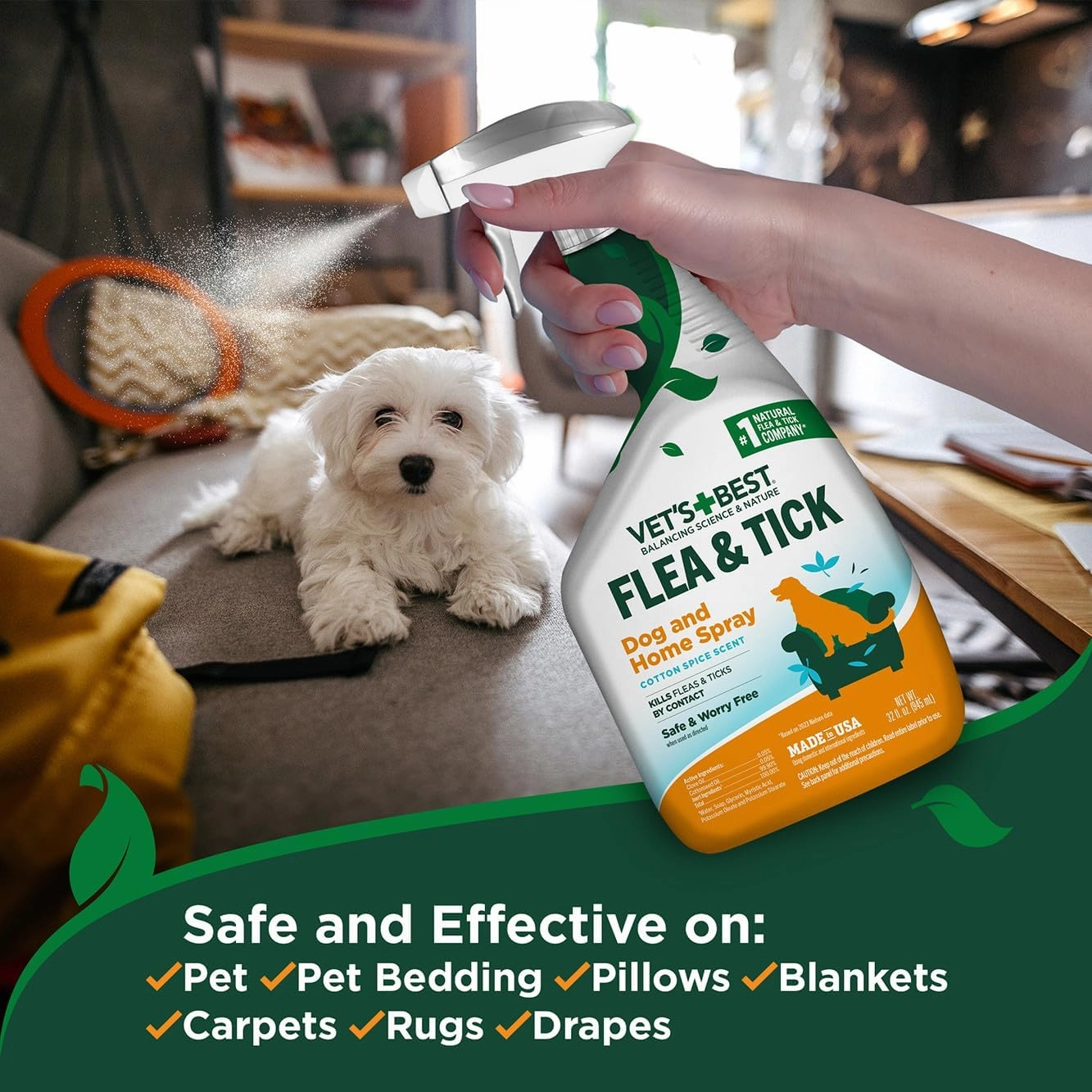 Vet's Best Flea & Tick Home Spray for Dogs – Cotton Spice Scent Dog Flea & Tick Aid – Made in The USA – Flea & Tick Home Spray – Flea Protection for Dogs – 32 oz, Pack of 2