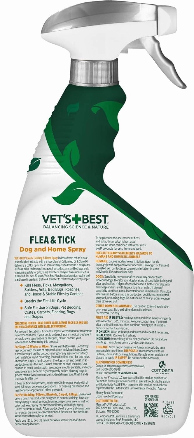Vet's Best Flea & Tick Home Spray for Dogs – Cotton Spice Scent Dog Flea & Tick Aid – Made in The USA – Flea & Tick Home Spray – Flea Protection for Dogs – 32 oz, Pack of 2
