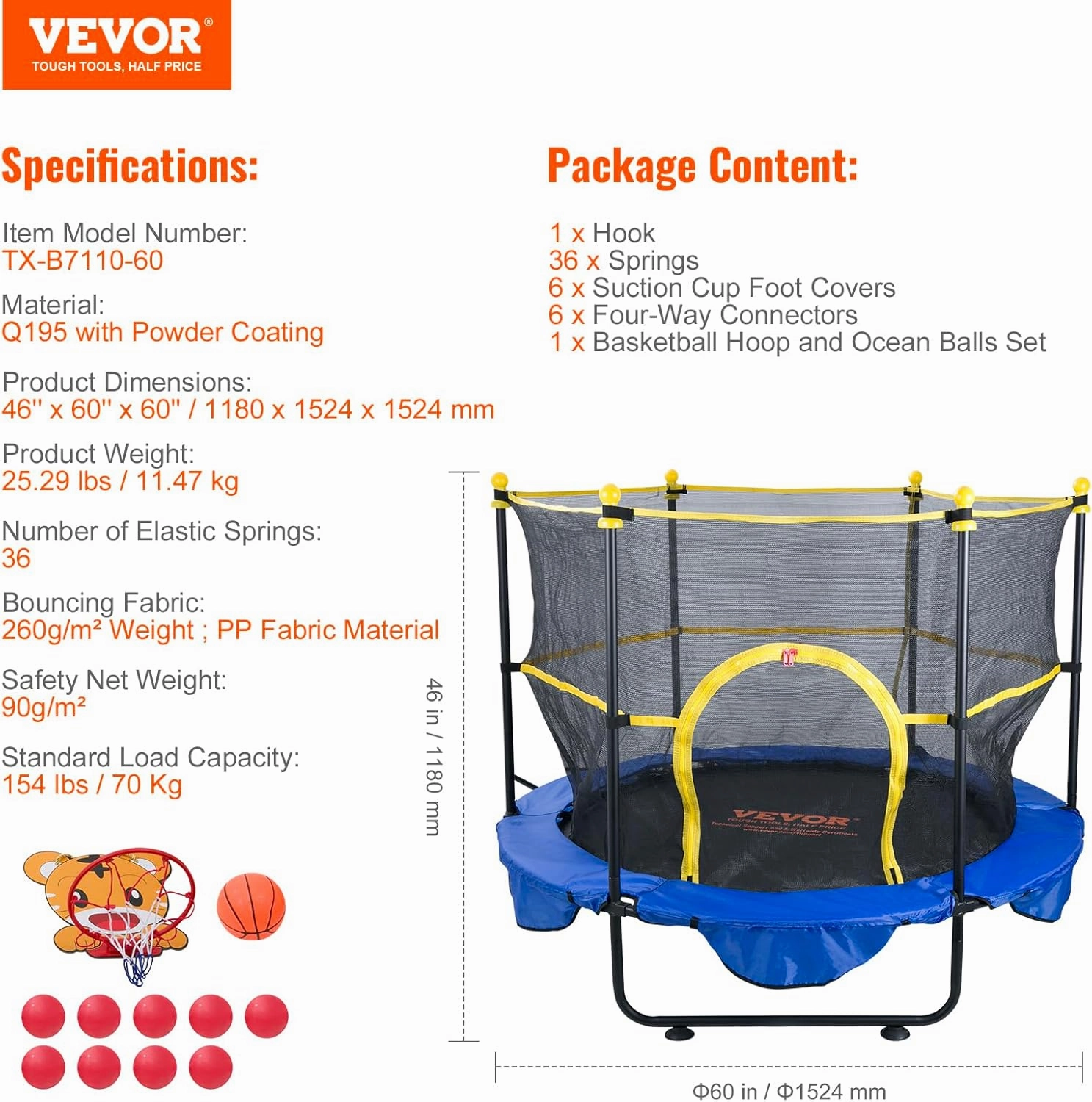 VEVOR Kids Trampolin, 56x36 / 4FT /5FT inch Indoor Outdoor Trampoline, Foldable Mini Trampoline with Handle, Rebounder Trampoline for Toddlers, Birthday Gift for 3  Years Children, Boys Girls for Fun