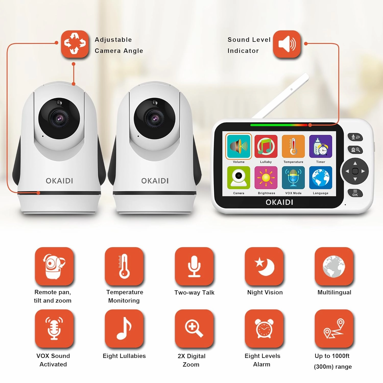 Video Baby Monitor with 2 Cameras, 5" Display Baby Monitor No WiFi, 30H Battery and 1000ft Range, Remote Pan-Tilt-Zoom Baby Camera, 2-Way Talk, 8 Lullabies, Baby Monitor for Baby Pet Elderly