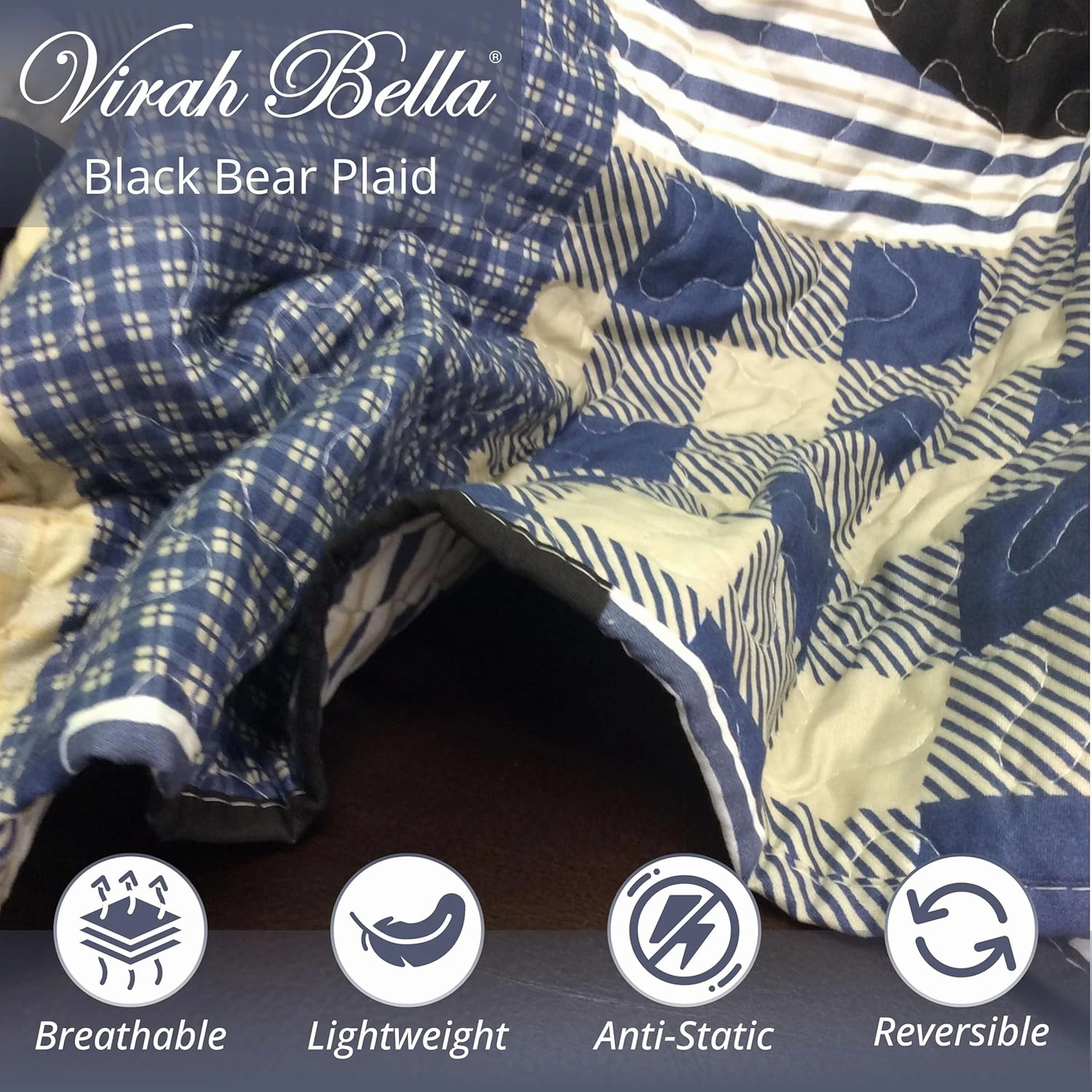 Virah Bella 3 Piece King Lodge Quilt Bedding Set - Black Bear Plaid - Rustic Cabin Country Reversible Camping Comforter Set with Decorative Pillow Shams, Blue/Black